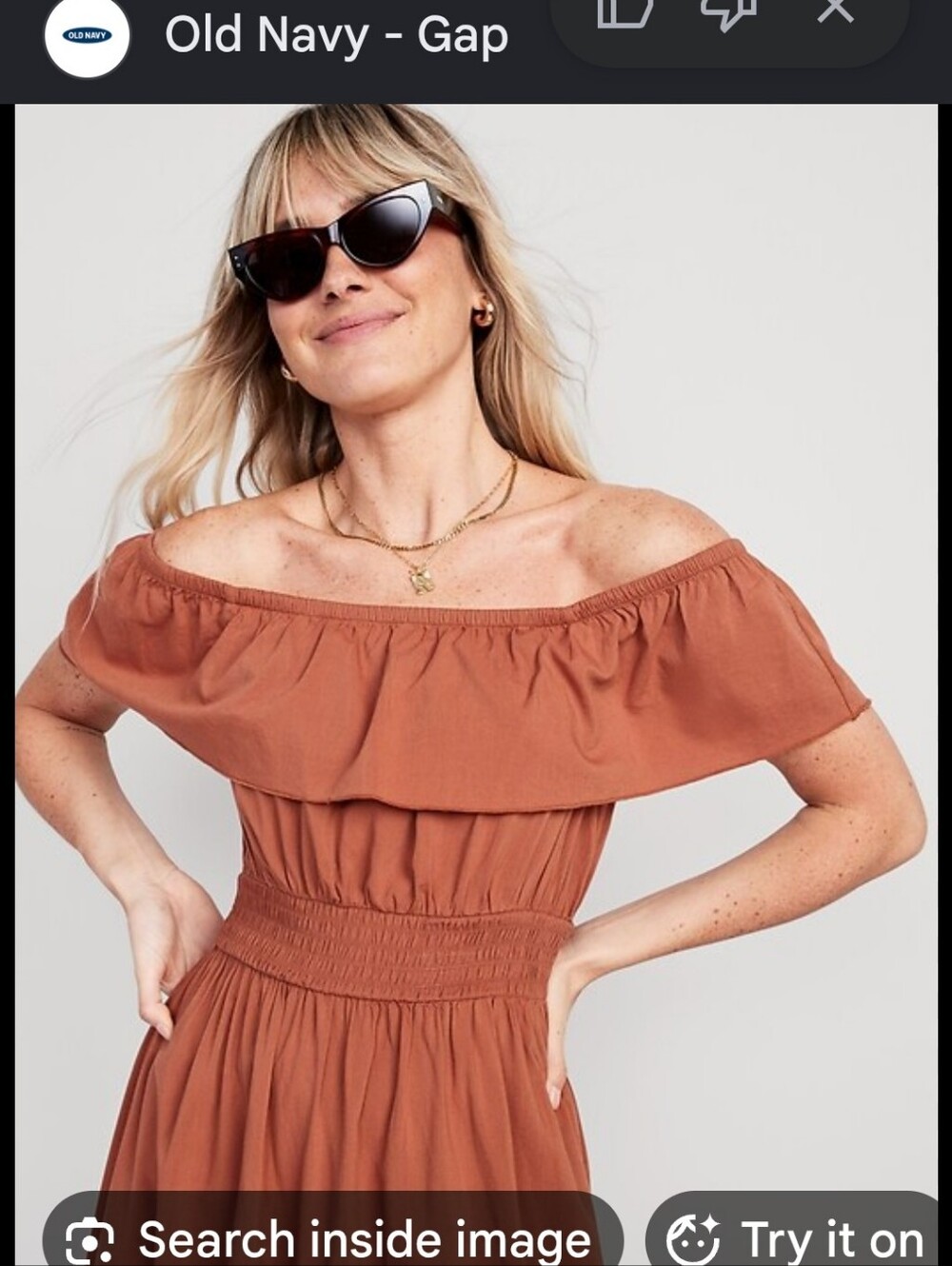 Old Navy Waist Defined Ruffled Off-Shoulder Maxi Dress in Terracotta-